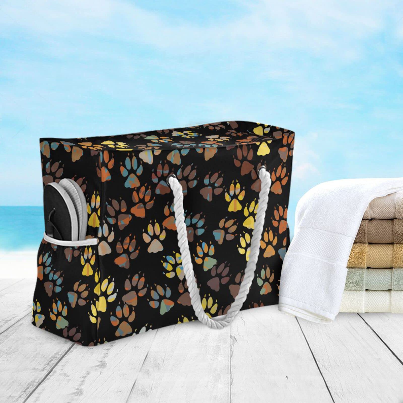 Stylish Extra Large Dog Paw Print Beach Tote Bag for Women - Durable Polyester Shoulder Bag with 2 Zippers - Perfect for Travel, Gym, Shopping & Beach Outings