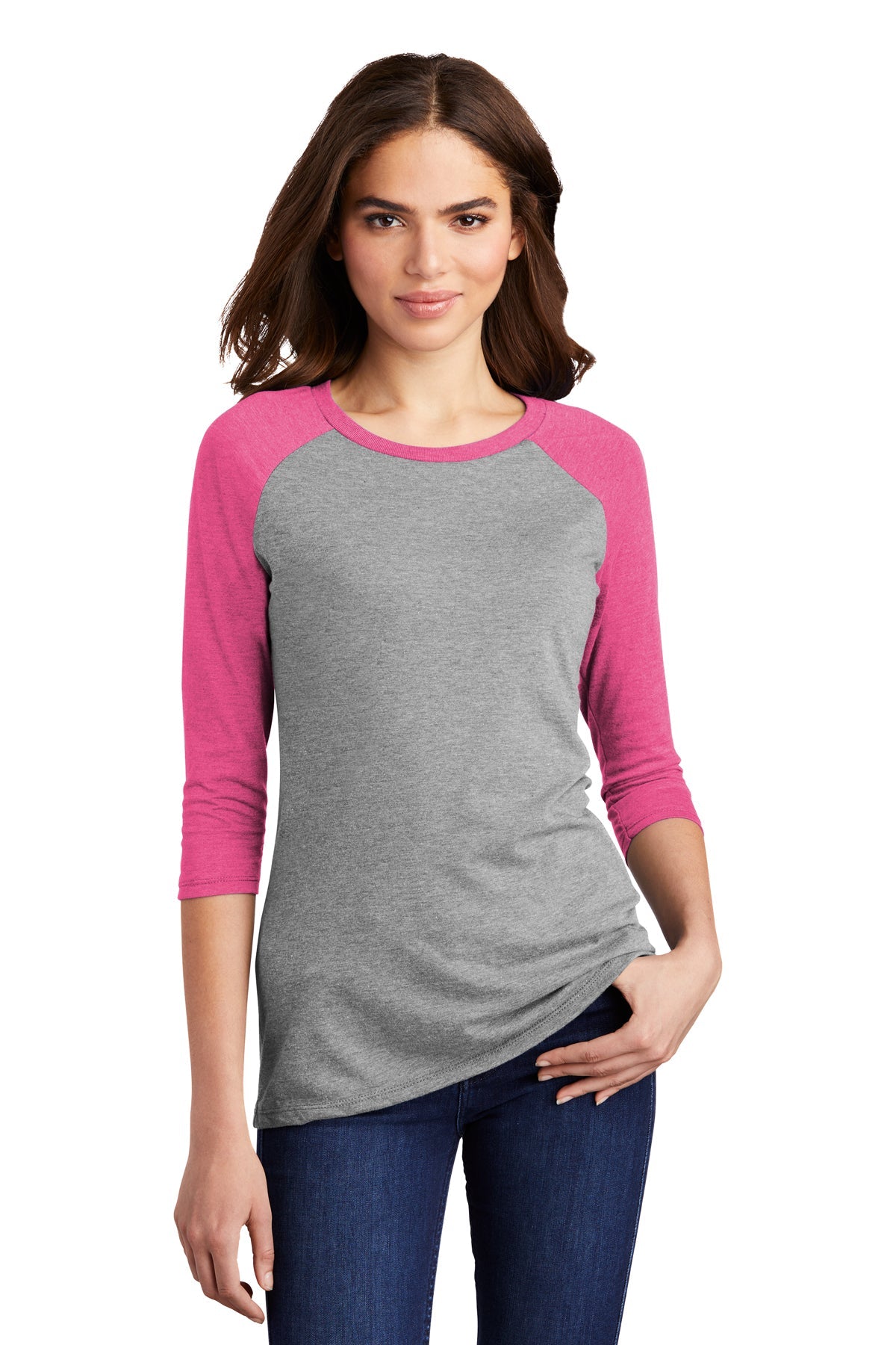 District Made Women's Perfect Tri 3/4 Sleeve T-Shirt - Fuchsia Frost & Grey Frost - Casual Comfort Top for Everyday Wear, Work & Weekend Outings