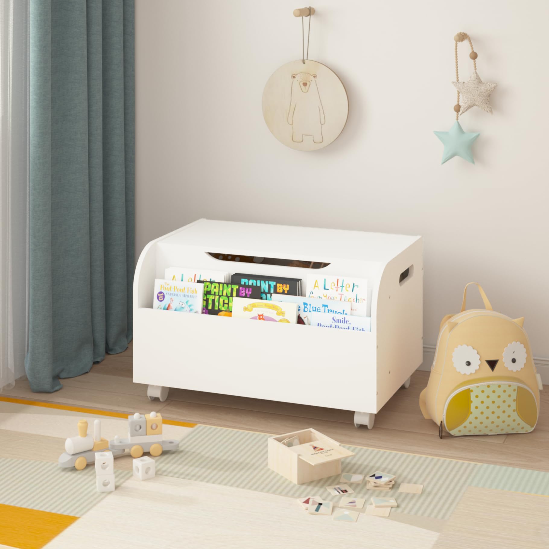 **Wooden Toy Chest with Bookshelf & Storage Organizer – Flip-Top Lid, Safety Hinge, 4 Universal Wheels – Kids Toy Box for Playroom & Bedroom Organization (White) – Perfect for Boys & Girls Toys, Books & Room Decor**