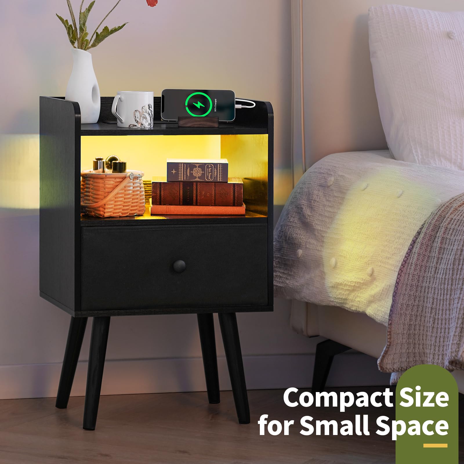 Yoobure Modern Nightstand with Charging Station & LED Lights - Wood Bedside Table with USB Ports, Fabric Drawer & Storage Shelf - Perfect for Bedroom, Office or Home Decor (Night Stand with Convenient Device Charging & Ambient Lighting)