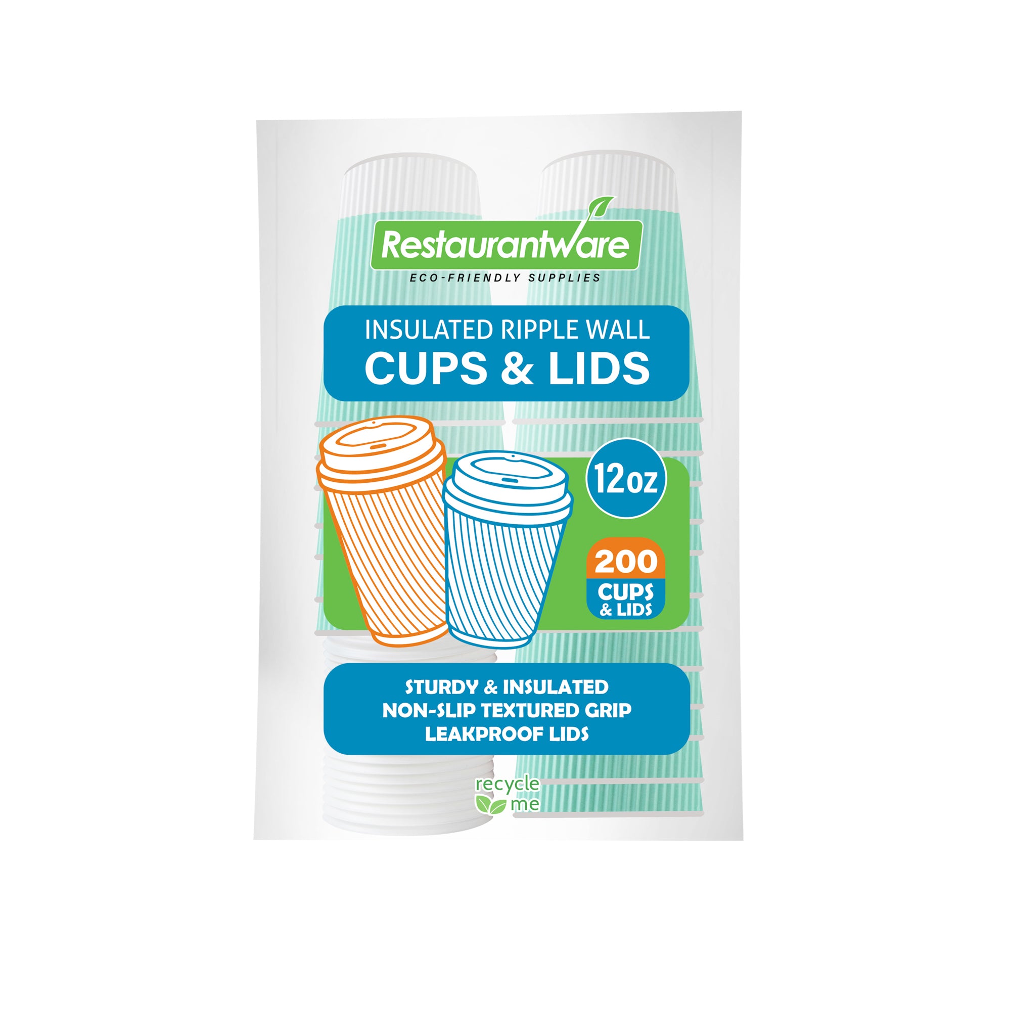 12 oz Eco-Friendly Light Green Ripple Wall Paper Coffee Cups with White Lids - 3.5