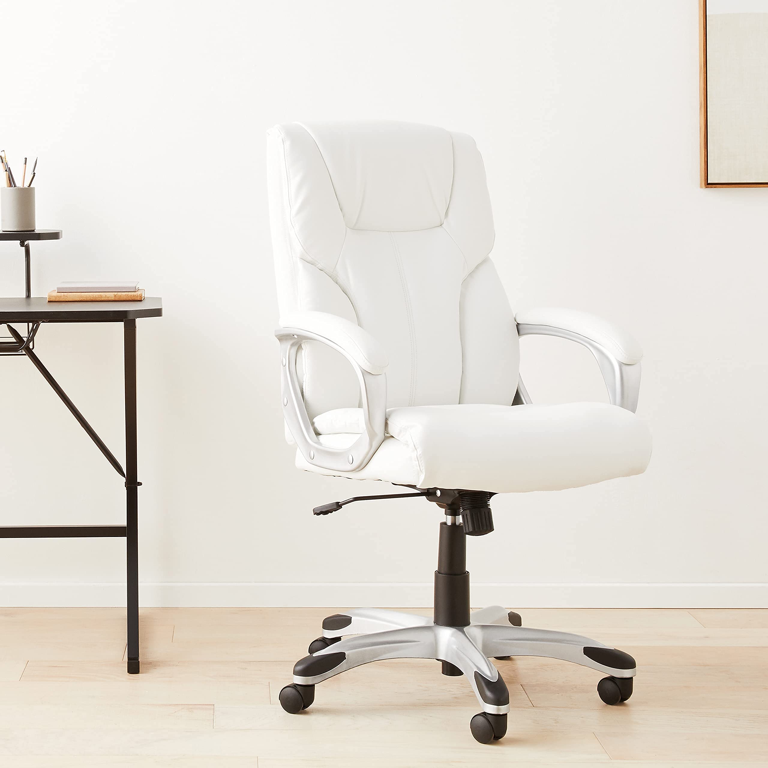 Amazon Basics Executive Home Office Desk Chair - Adjustable Height & Tilt, Padded Armrests, Rolling Swivel Chair - 275 lb Capacity in White & Pewter - Perfect for Remote Work, Gaming & Study Spaces