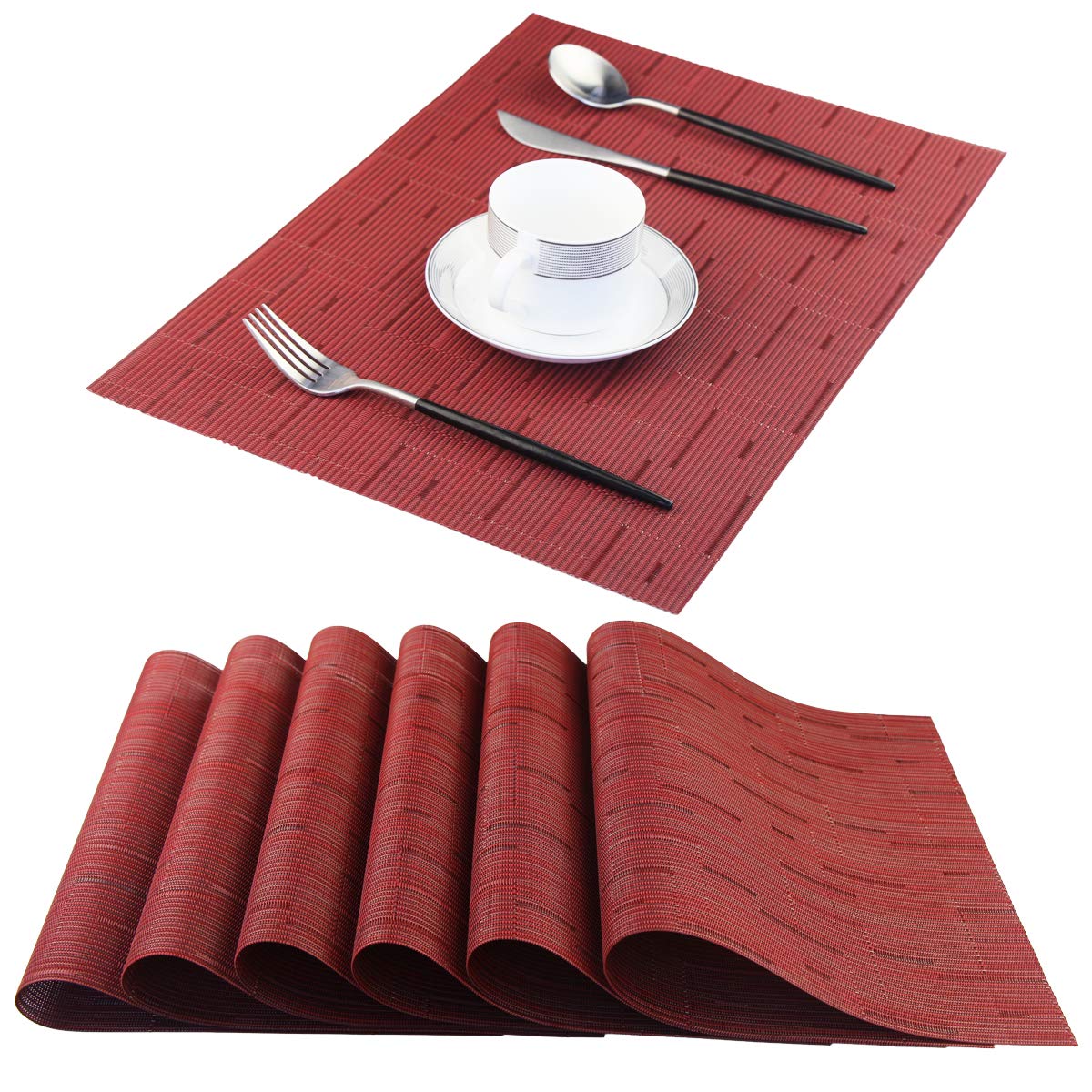 PIGCHCY Washable & Durable Vinyl Placemats Set of 6 - 18x12 Inch Heat-Resistant Table Mats for Dining Room, Kitchen, Office (Burgundy Red) - Perfect for Everyday Meals, Dinner Parties & Home Decor