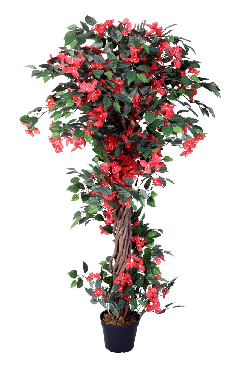 AMERIQUE 5ft Realistic Artificial Bougainvillea Tree with Blooming Red & Green Flowers, Natural Wood Trunk & Nursery Pot - Perfect for Home Decor, Office, Garden, and Indoor/Outdoor Landscaping