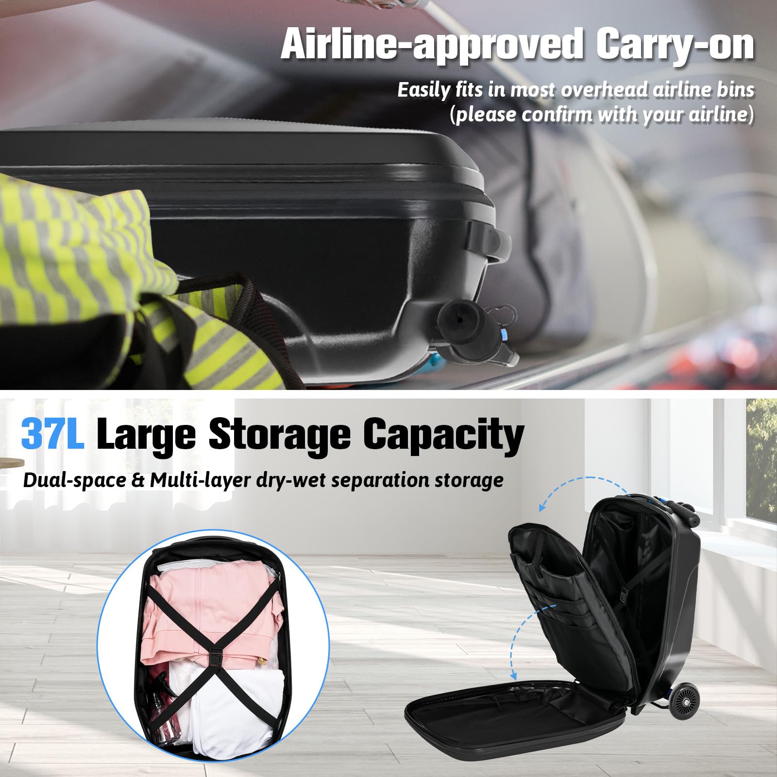 Kids & Adults Ride-On Scooter Luggage - Lightweight Foldable Hardside Carry-On Suitcase with Wheels for Ages 4-15, Multifunctional Travel Suitcase for Children & Teenagers (Charcoal Black) - Perfect for Airports, Family Vacations & School Trips