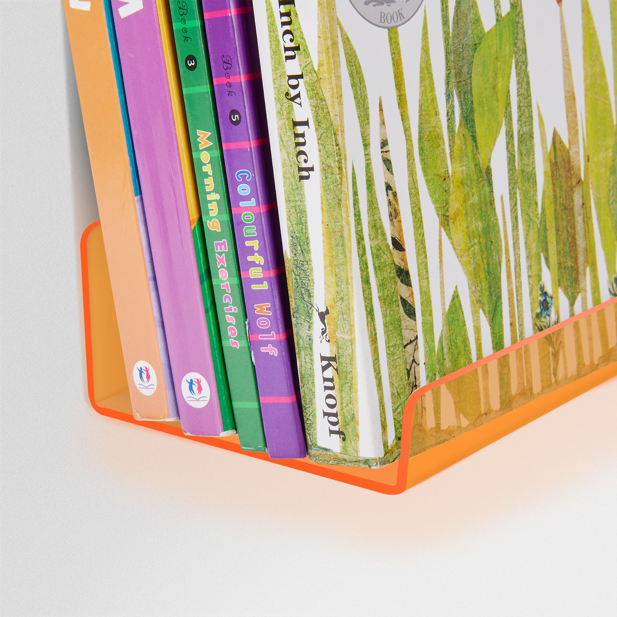 upsimples 4 Pack Clear Orange Acrylic Floating Shelves - 15 Inch Wall Mounted Display & Storage Shelves for Books, Decor & Organizing - Perfect for Kids Room, Bathroom, Bedroom, Living Room & Kitchen Decor