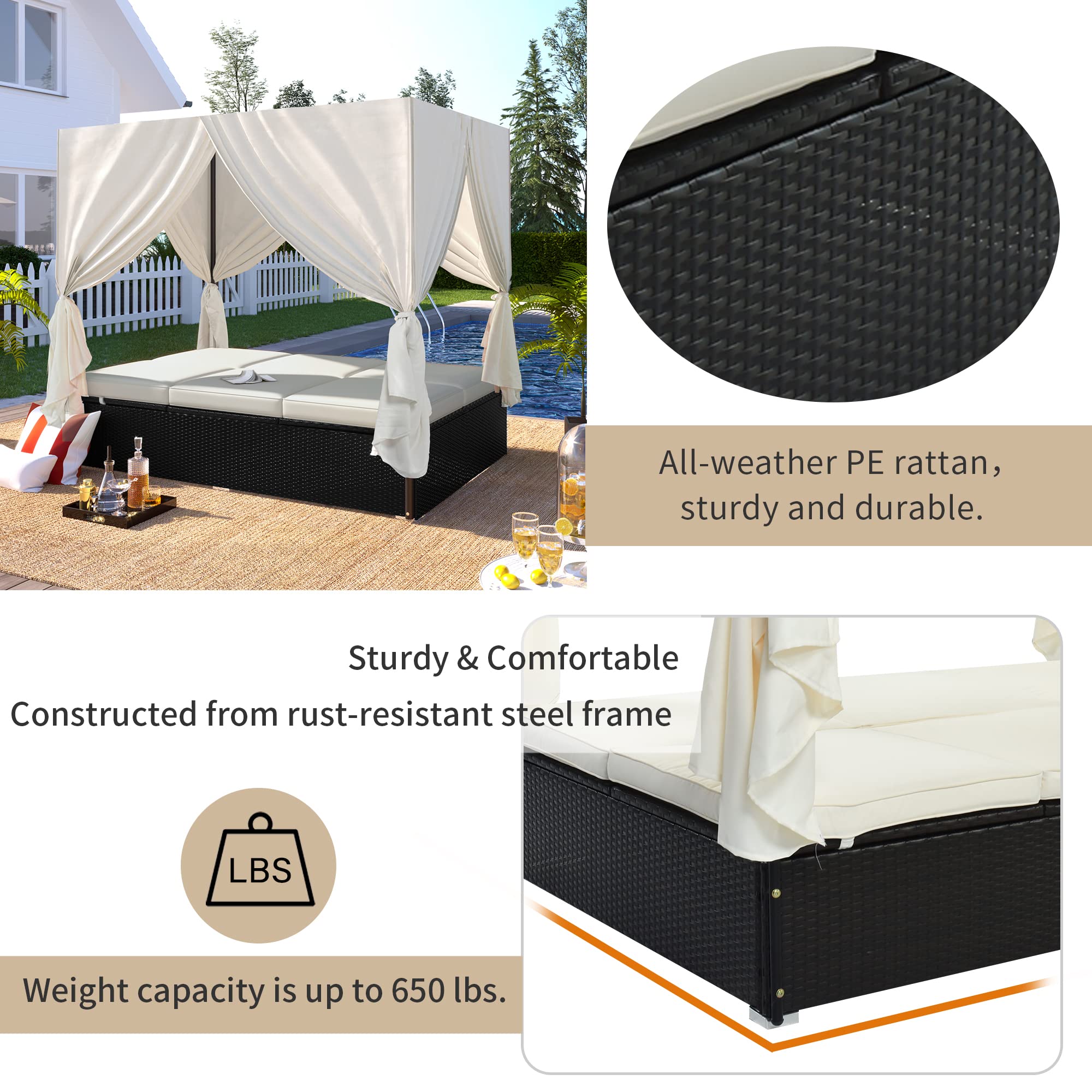 Outdoor Patio Chaise Lounge with Retractable Canopy - Rattan Sun Lounger Daybed & Loveseat Sofa Set - Perfect for Poolside, Garden, or Backyard Relaxation