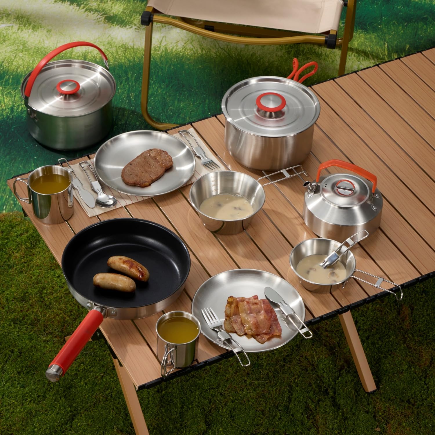 Premium 16-Piece Camping Cookware Set - 304 Stainless Steel Pots, Pans, Kettle with Storage Bag | Complete Kit with Plates, Bowls & Utensils (Knives, Forks, Spoons) | Compact & Durable for Outdoor Camping, Hiking, Picnics & Indoor Kitchen Use