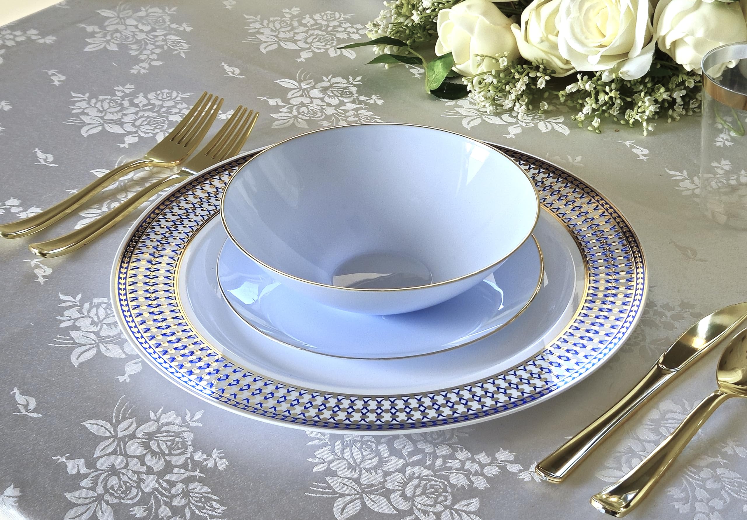 40-Pack Heavyweight Disposable Plastic Plates for Weddings & Parties - 7.5'' Appetizer/Dessert Plates in Elegant White, Blue & Gold | Perfect for Birthday Celebrations, Baby Showers & Formal Events