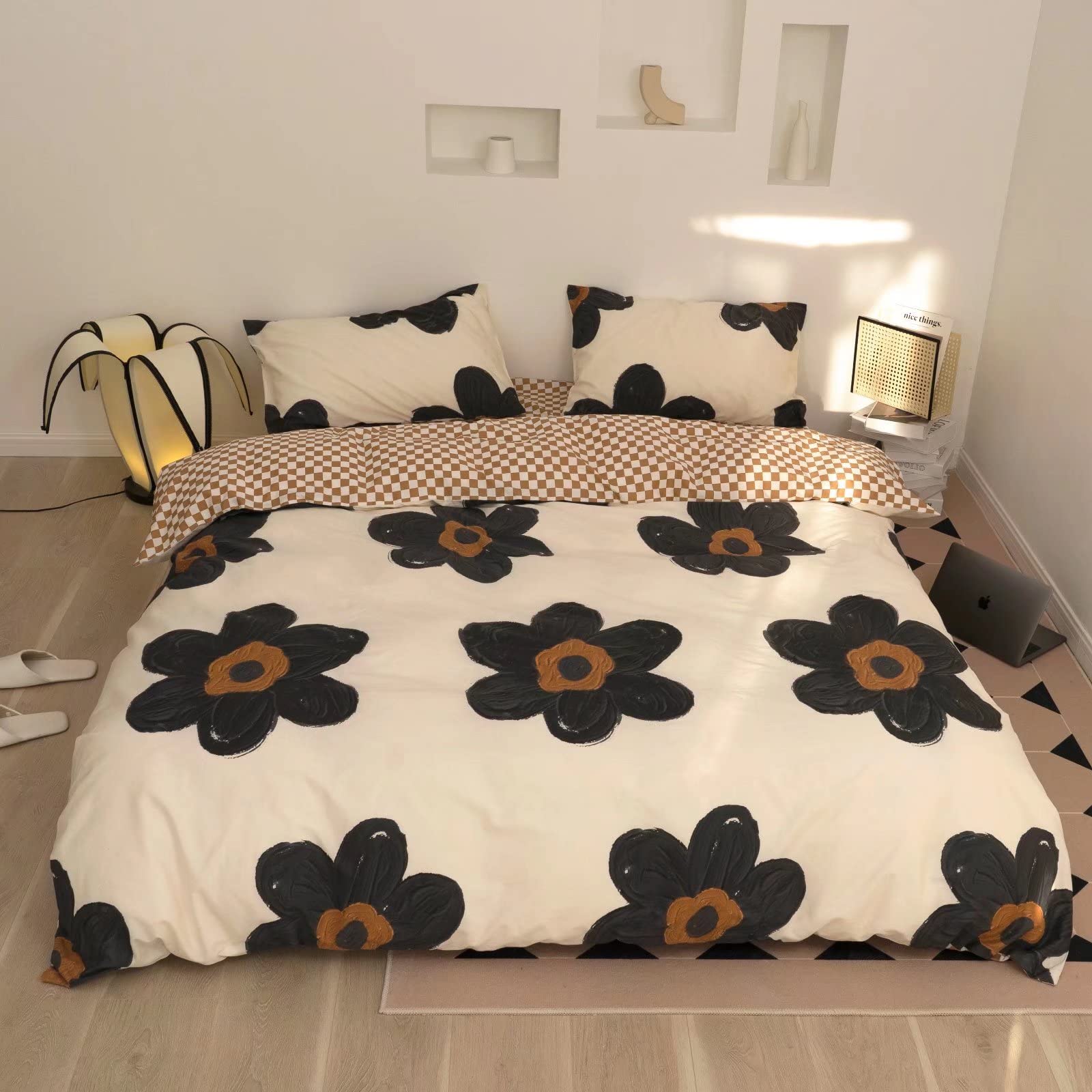 King Size Cottonight Black and White Floral Comforter Set - Boho Chic Big Flowers Cotton Quilt Lightweight Bedding for Women, Men, Adults & Kids | Perfect for Modern Bedrooms, Guest Rooms & Dorm Decor