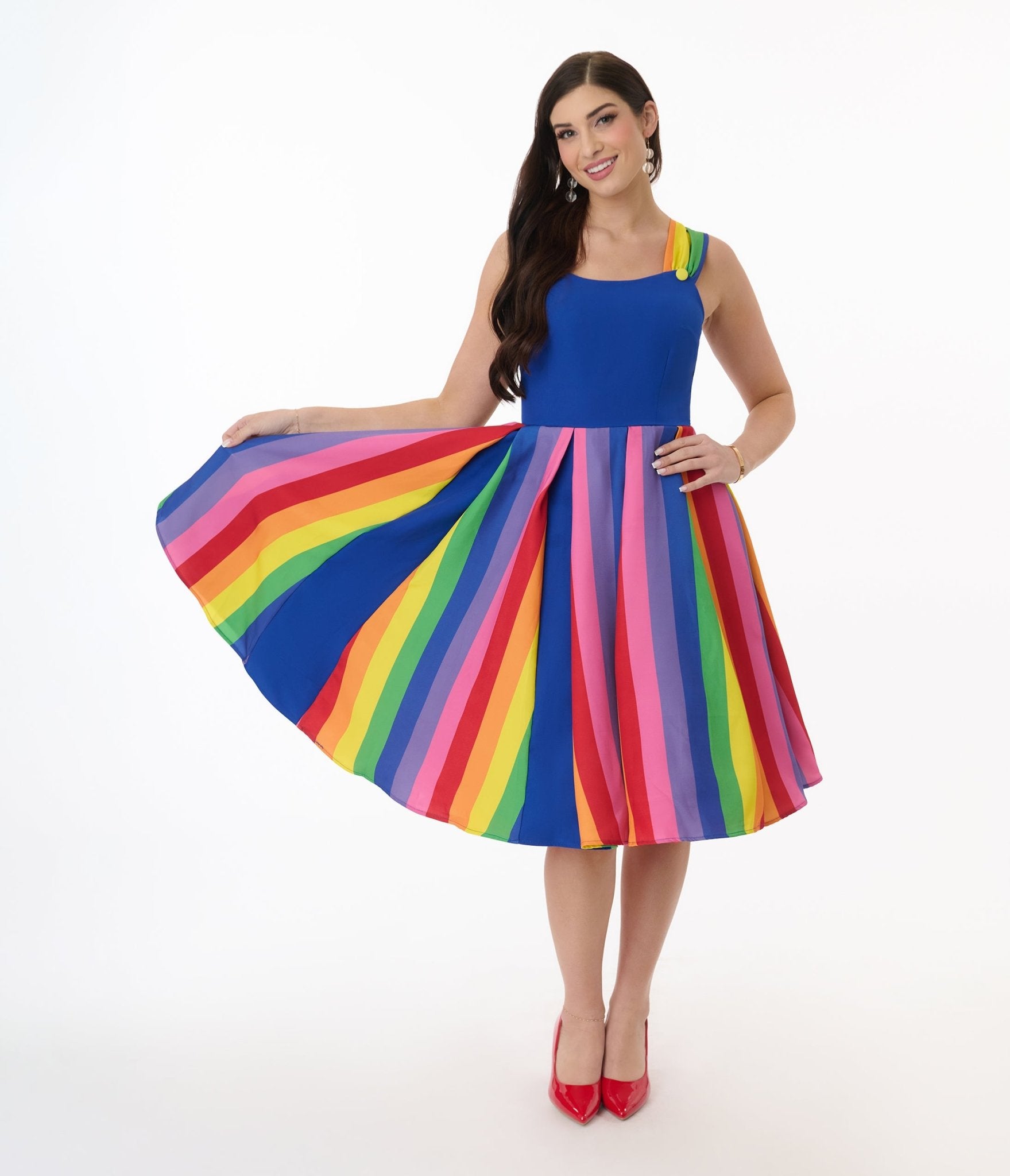 Vintage Blue & Rainbow Striped Swing Dress - Retro 1950s Style Flared Skirt Dress for Women - Perfect for Parties, Dances & Special Occasions