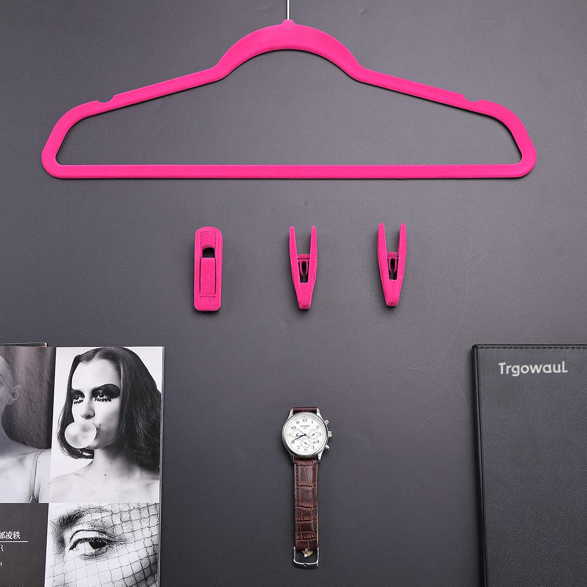20-Pack Hot Pink Velvet Hangers with Strong Finger Clips - Non-Slip Pants Hangers for Thin Clothes | Perfect for Closet Organization, Wardrobe Storage & Travel Use