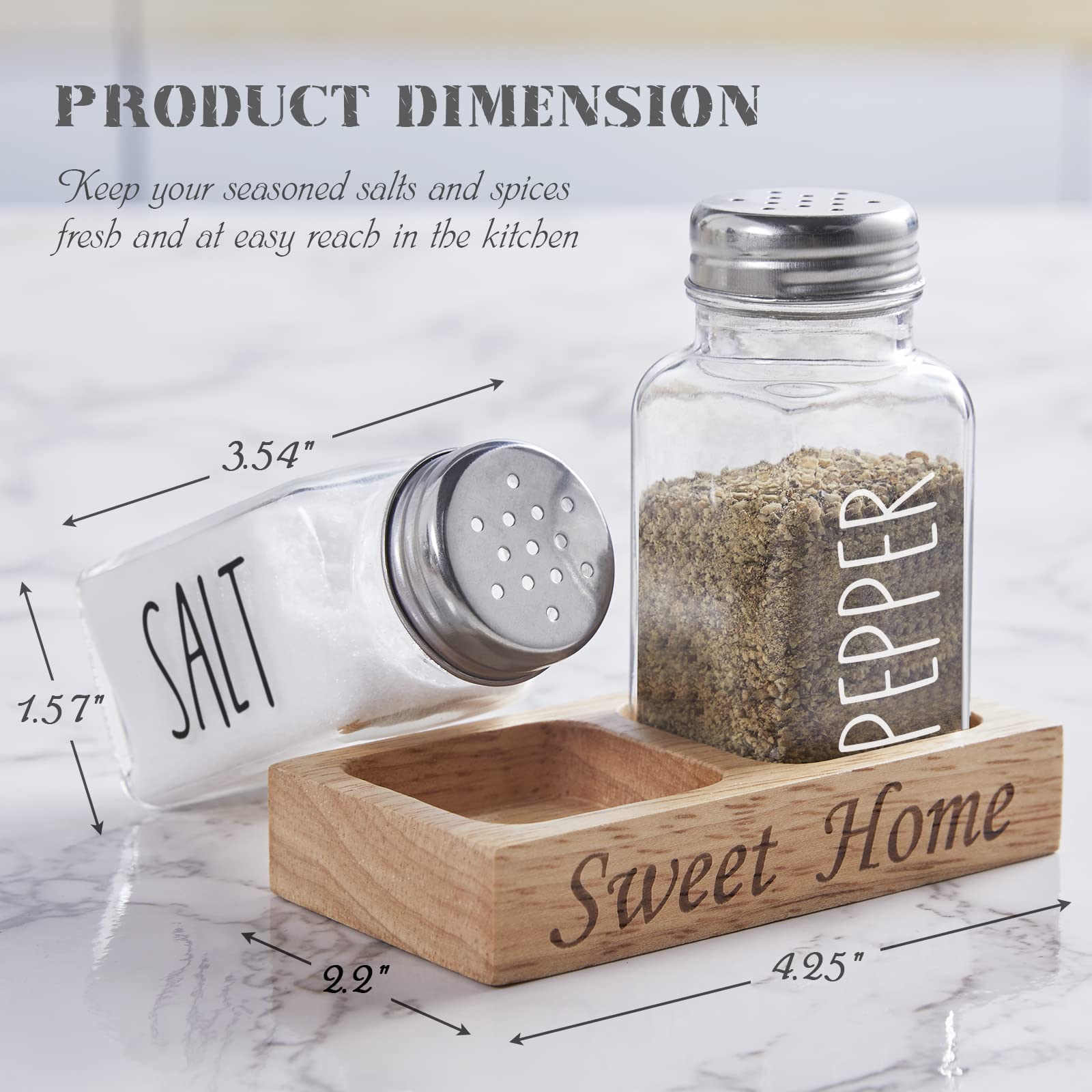 Dopeca Clear Glass Salt and Pepper Shakers Set with Wooden Holder - 2.7 oz Refillable Kitchen Seasoning Dispenser for Countertop or Dining Table - Perfect Wedding Gift & Home Decor Accessory - Ideal for Everyday Cooking, Entertaining, and Restaurant Use