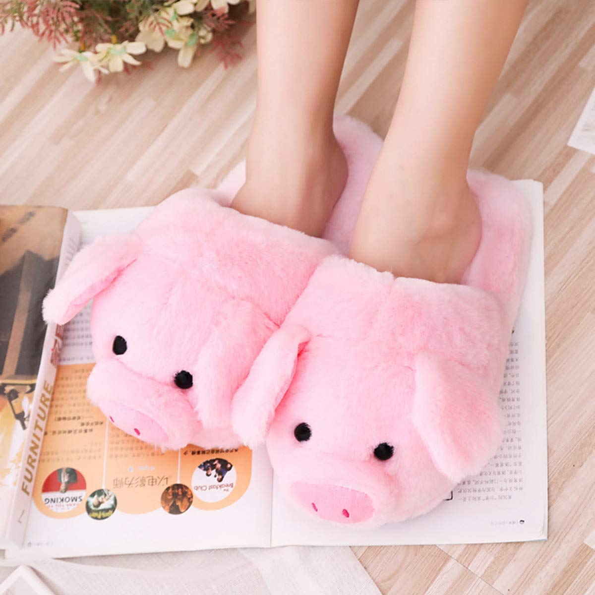 Pink Pig Plush Slippers - Fuzzy Warm Stuffed Animal House Slippers for Women | Cozy Indoor Shoes for Home, Lounge & Gift Giving