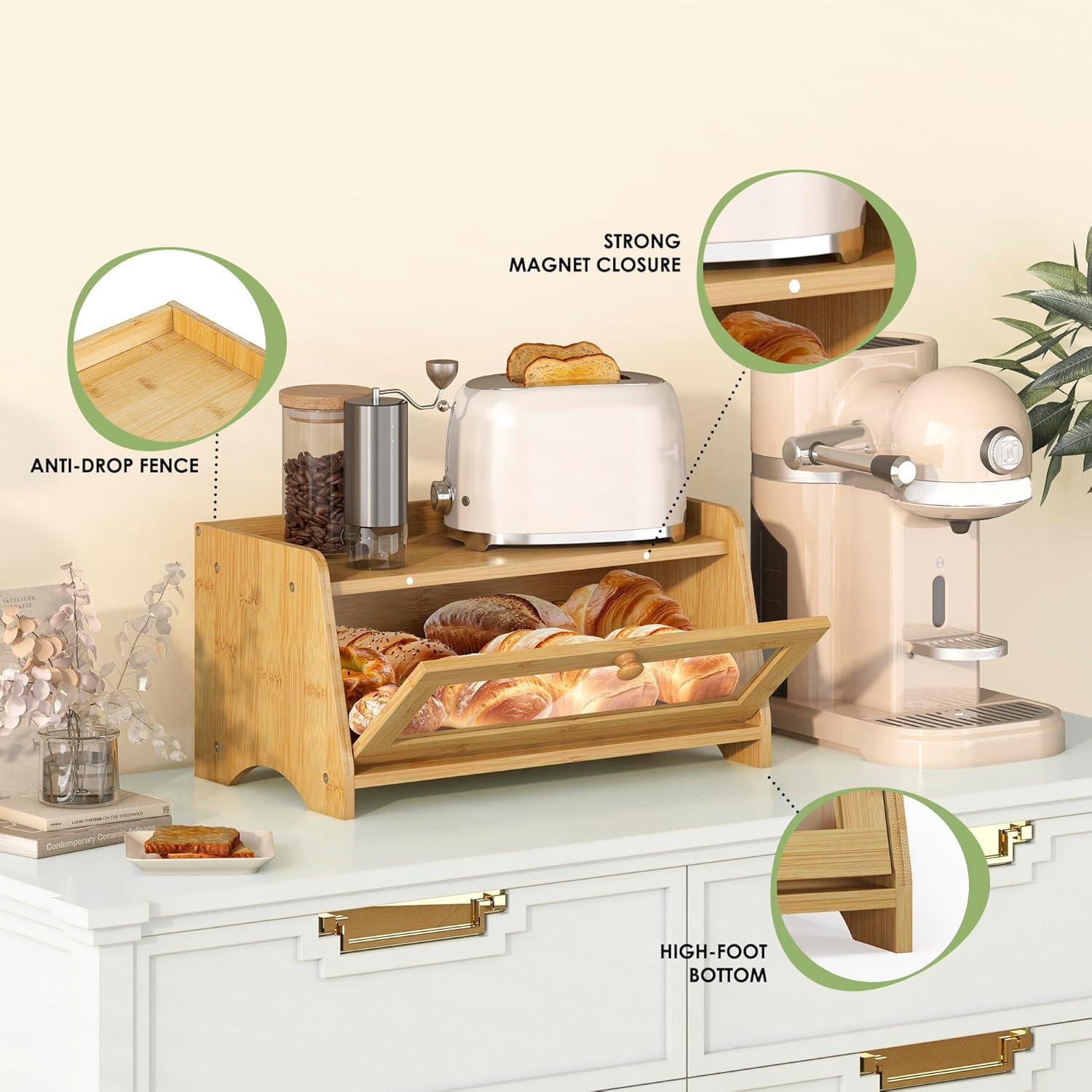**Large Wooden Farmhouse Bread Box with Window - Natural Bamboo Bread Storage Container for Kitchen Countertop | Perfect for Fresh Bread, Baguettes, and Pastries**