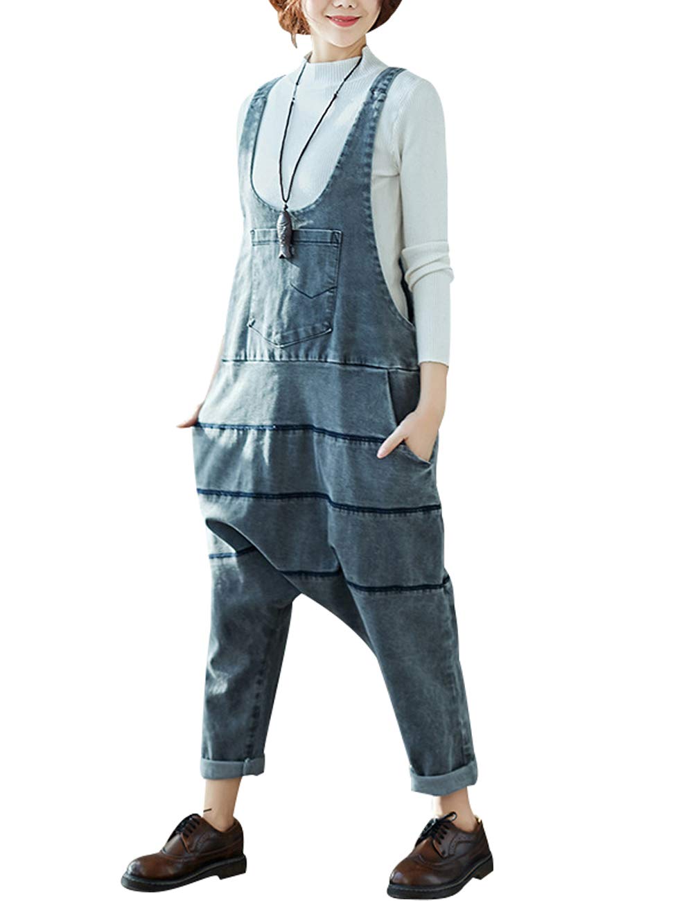 Women's Striped Cotton Jumpsuit & Romper - Wide Leg Harem Pants & Denim Bib Overalls - Casual Outfit for Summer, Beach, Travel & Streetwear Fashion