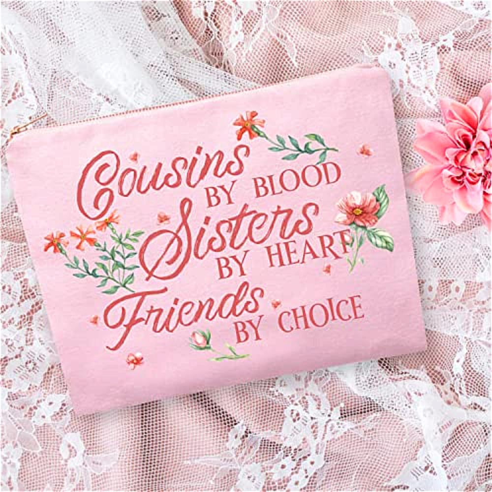 HnoonZ Christmas Gifts for Cousins - Zipper Canvas Makeup Bag & Travel Toiletry Pouch Organizer with Mirror | Perfect Gift for Cousins Birthday, Holiday & Travel Accessories Storage