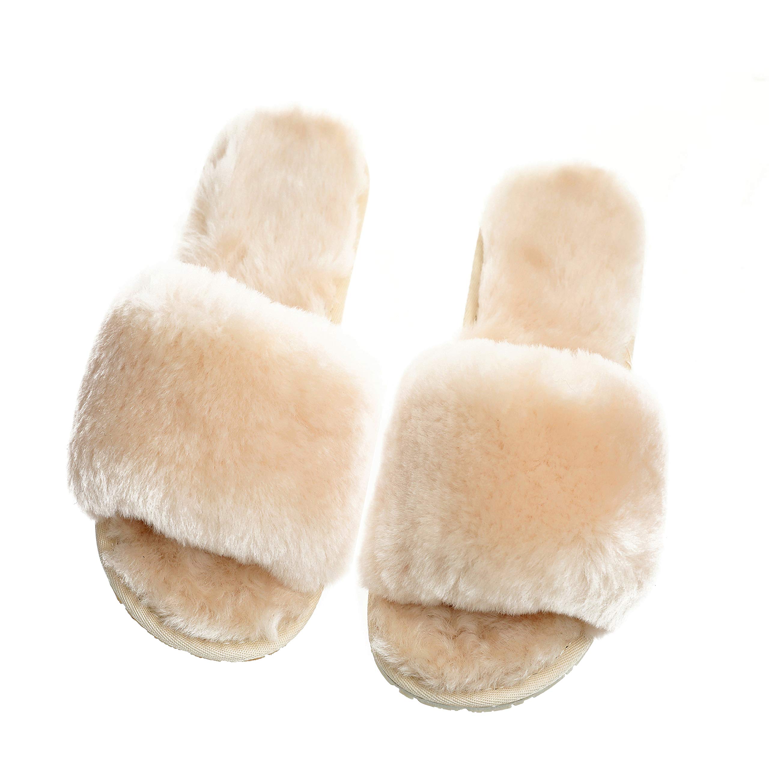 **Women's Boiled Wool Slippers with Real Fur - Open Toe Luxury House Slippers by Dechic | Cozy Indoor & Outdoor Wear for Winter Comfort**