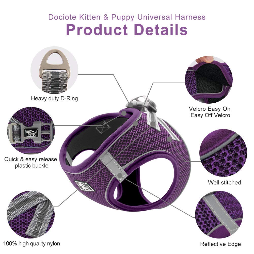 Escape-Proof Adjustable Reflective Dog & Cat Harness with Leash - Soft Mesh Comfort Fit No-Pull Vest for Small & Medium Pets (XS, Purple) - Perfect for Walking, Training & Outdoor Adventures