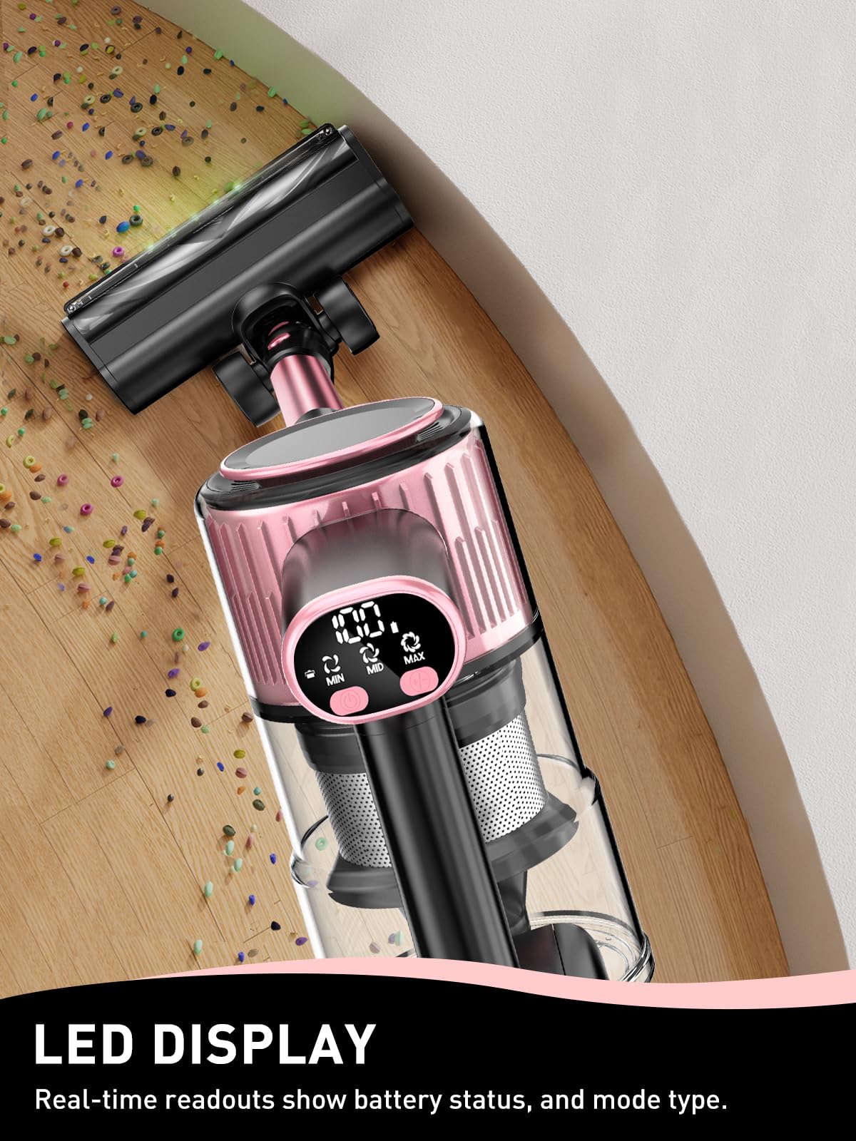 8-in-1 Cordless Vacuum Cleaner with Powerful Suction - Lightweight Stick Vacuum for Hard Floors & Carpets | LED Display, 3 Suction Modes, 45Min Detachable Battery | Perfect for Pet Hair, Home Cleaning & Quick Pickups (Pink)