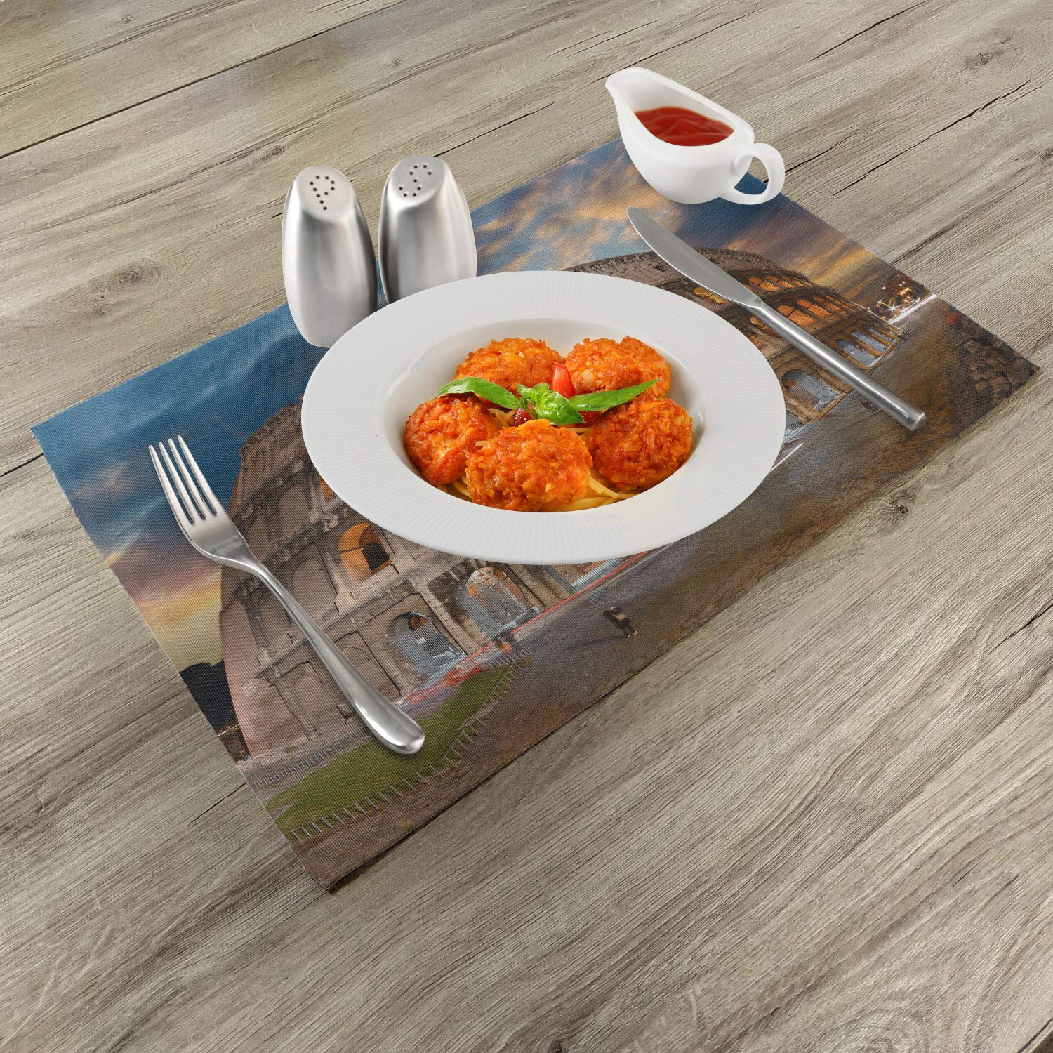 Ambesonne Italian Place Mats Set of 4 - Colosseum Under Autumn Sunset in Rome, Historical Landmark Print, Washable Fabric Table Mats for Dining Room & Kitchen Decor (Blue & Tan) | Perfect for Italian-Themed Dinners, Holiday Gatherings & Home Decor