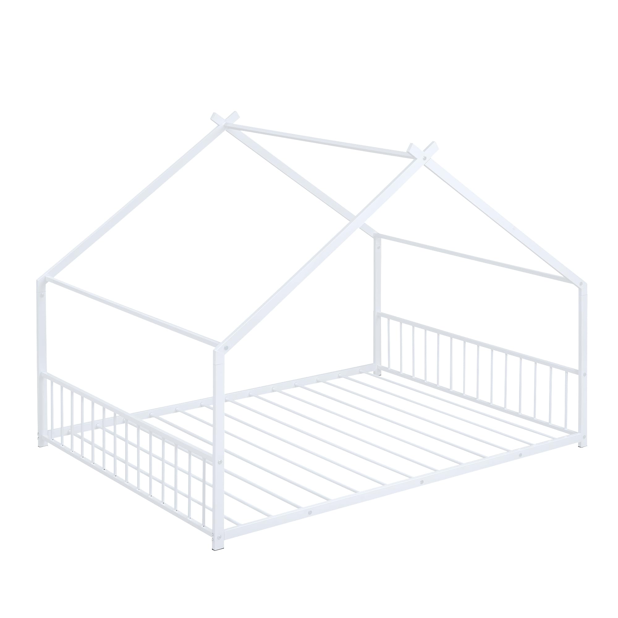 Montessori Metal Floor Bed Frame - Full Size House Bed with Headboard & Slats, Sturdy Kids Bed for Boys & Girls, White - Perfect for Montessori Bedrooms & Child-Friendly Spaces