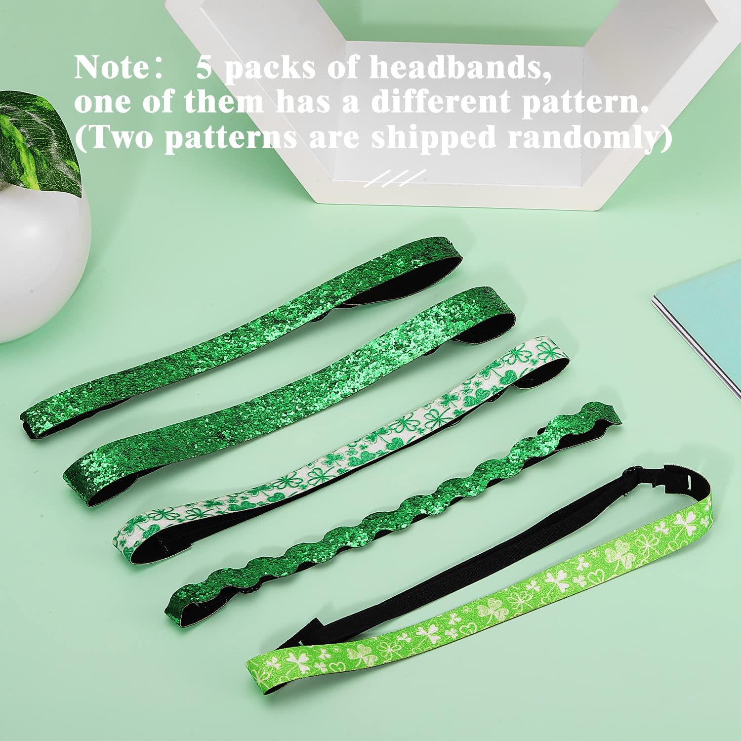 MoKo St. Patrick's Day Headband 5-Pack - Non-Slip Stretchy Green Glitter Clover Headbands for Women, Girls & Teens - Perfect for St. Patrick's Day Parties, Parades & Festive Celebrations
