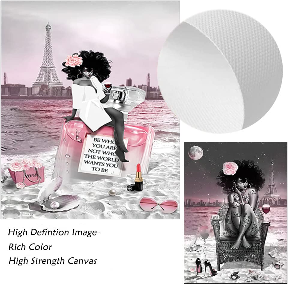 2 Pieces African American Black Girl Wall Art - Modern Pink & Black Fashion Painting of Beach & Paris Eiffel Tower - Unframed Poster Prints for Bedroom, Bathroom, Living Room & Girls Room Decor - Perfect for Home, Office & Gift Giving