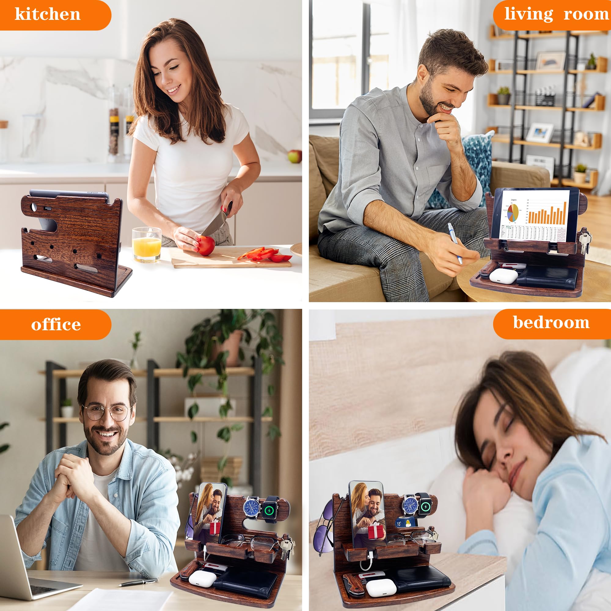 Wooden Phone Docking Station & Nightstand Organizer - Perfect Gift for Men, Women, Dad, Husband, Boyfriend | Birthday, Anniversary, Christmas Present (Dark Brown) | Bedside Storage for Phone, Watch, Wallet & Keys