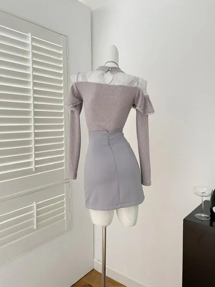 Elegant Women's Grey Patchwork Lace Ruffle Edge Long Sleeve Knit Top & High Waist Slim Short Skirt 2-Piece Set for Fall Winter Fashion | Office Wear & Date Night Outfits