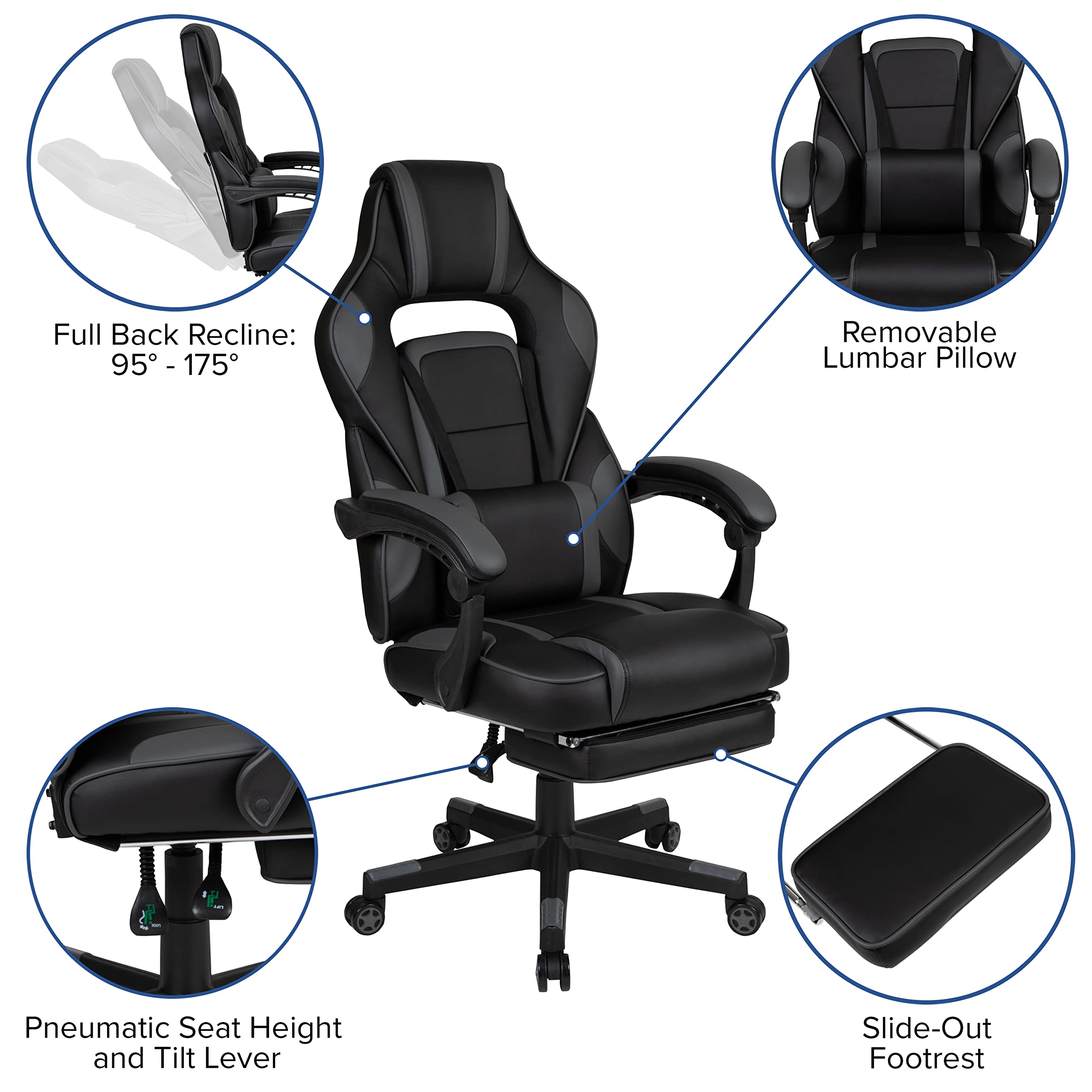 EMMA + OLIVER Gaming Chair Bundle with Cup Holder, Headphone Stand & Black Reclining Footrest - Ergonomic Computer Desk Chair for PC Gamers, Office Workers and Home Theater Relaxation