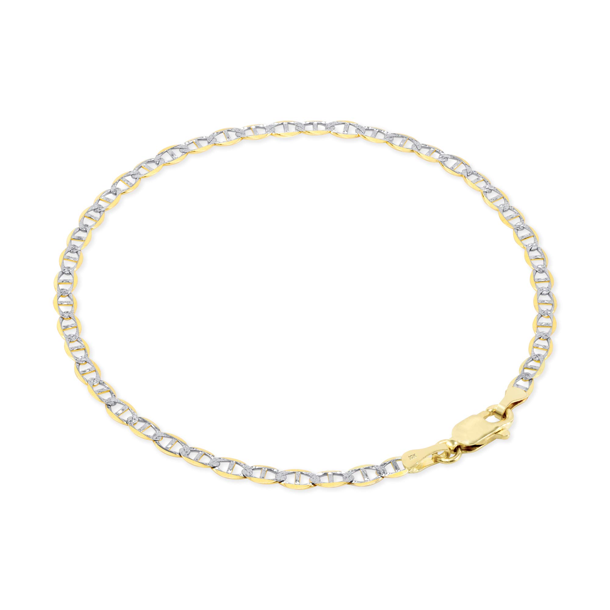 10K Real Yellow Gold Solid Mariner Anchor Chain Bracelet with Pave Diamond Cut - 3mm Width (7