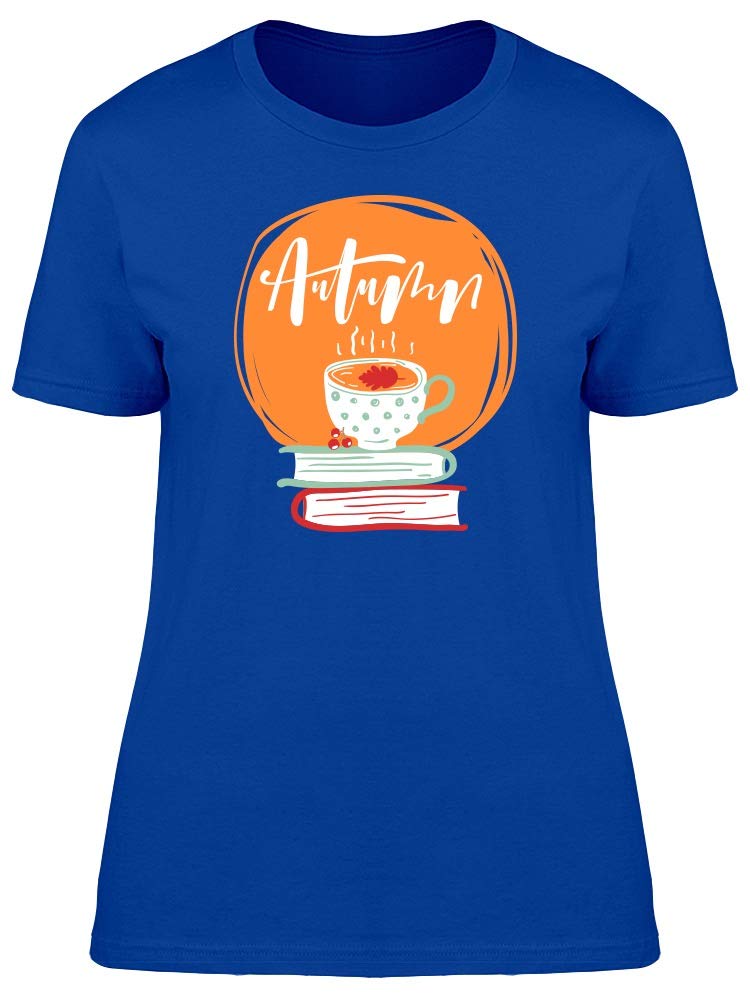 Smartprints Autumn Women's T-Shirt - Cozy Cup of Tea & Books Graphic Tee for Fall Reading Comfort | Perfect for Book Lovers, Coffee Shops & Relaxing at Home