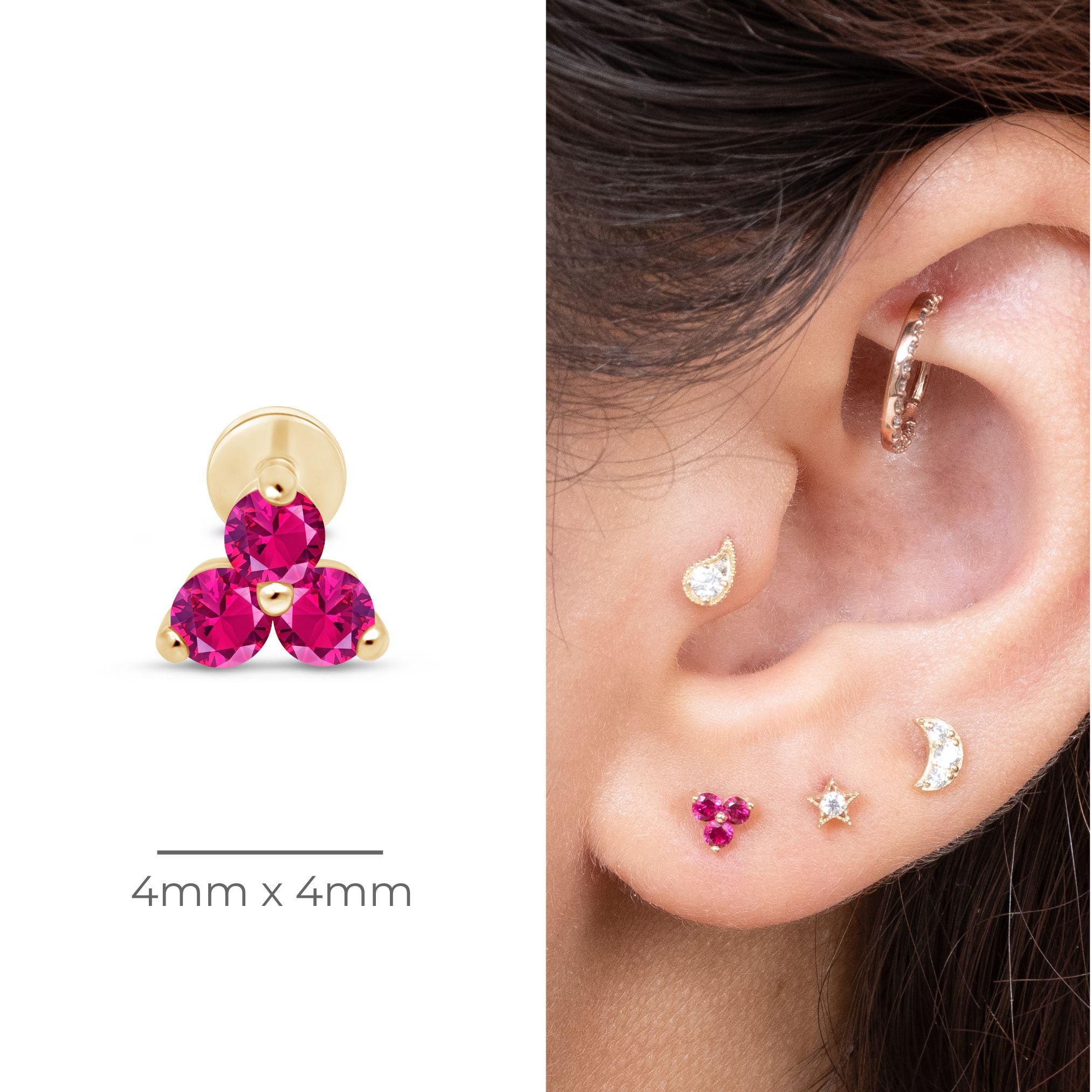 14K Yellow Gold Pink Ruby Trinity Cluster Stud Earrings for Women - Elegant Flat Back Design for Daily Wear, Parties & Gifts