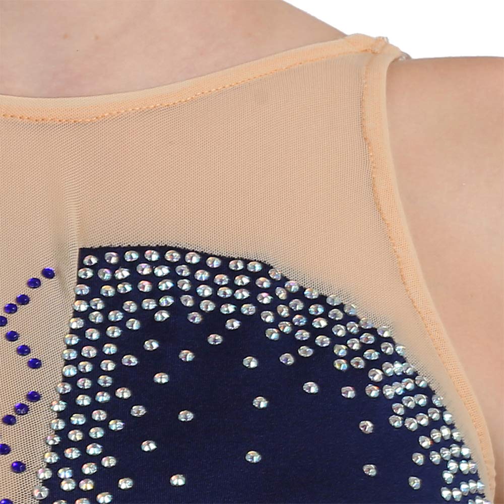 LIUHUO Dark Blue Figure Skating Dress for Women - Long Sleeve Beaded Rhinestone Competition Dress with Elegant Print | Perfect for Ice Skating Performances, Competitions & Dance Shows