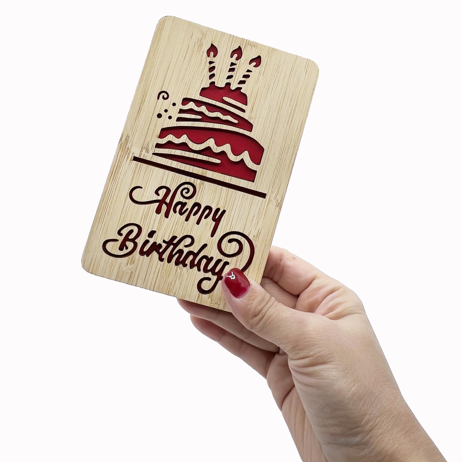 Handmade Bamboo Wood Birthday Greeting Card with Cute Cake Design - Unique Eco-Friendly Birthday Gift for Friends, Family & Loved Ones | Perfect for Anniversaries, Special Occasions & Thoughtful Surprises