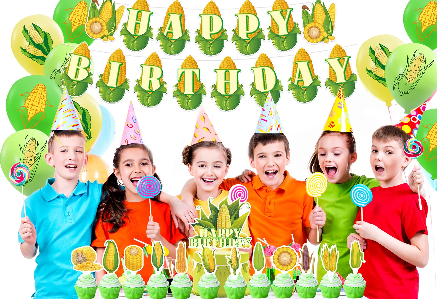 Corn Themed Party Decorations Set - Includes Happy Birthday Banner, Cake Topper, Cupcake Toppers & Balloons for Birthday, Baby Shower, Wedding & Vegetable Themed Parties - Perfect for Farmhouse, Harvest & Fall Celebrations