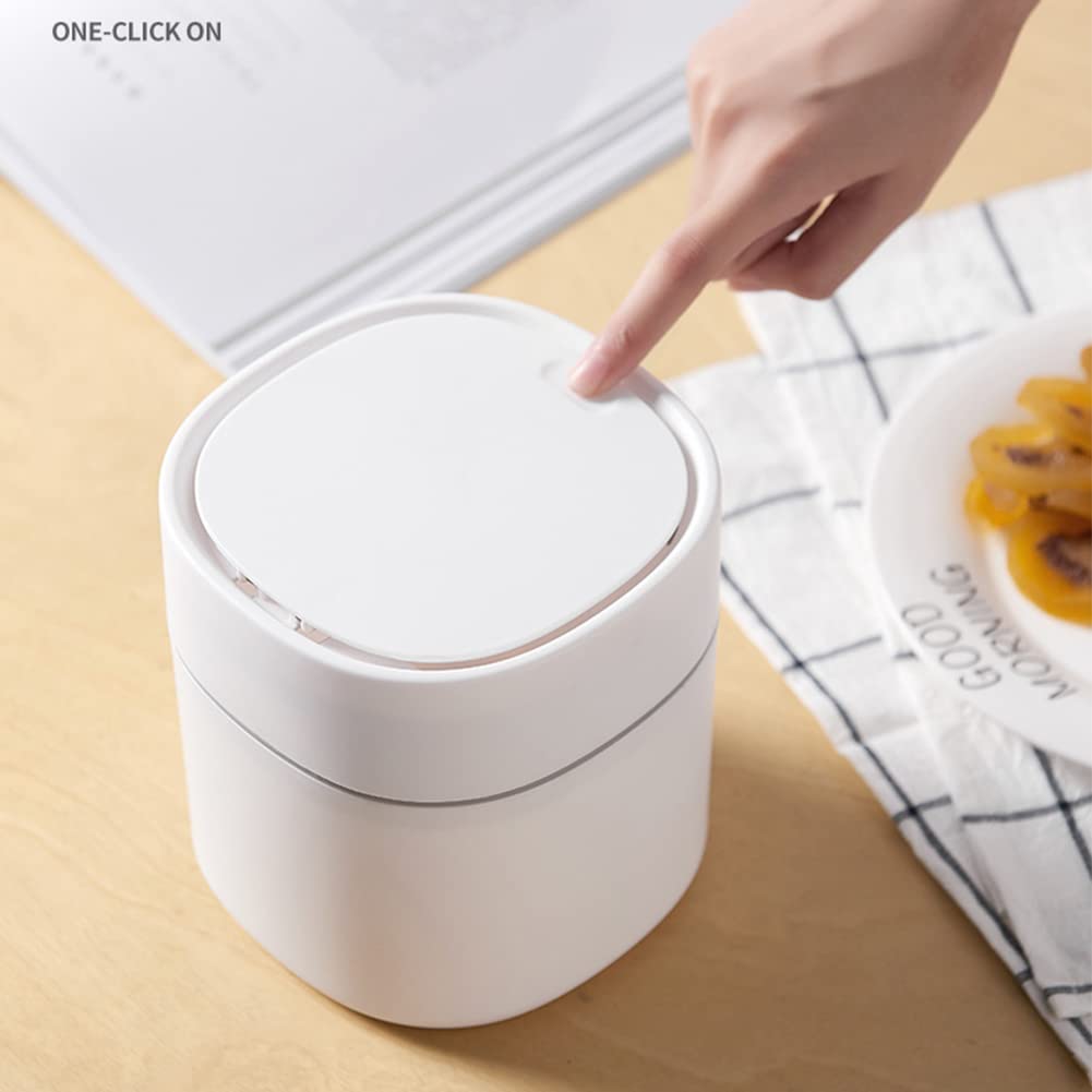Mini Desktop Trash Can with Lid - Small Sanitary Waste Bin for Peeling Fruits, Snack Shells & Car Trash - Compact Office & Home Garbage Bin (White with Spring Cover) - Perfect for Desk, Kitchen Counter, Bedroom & Vehicle Use