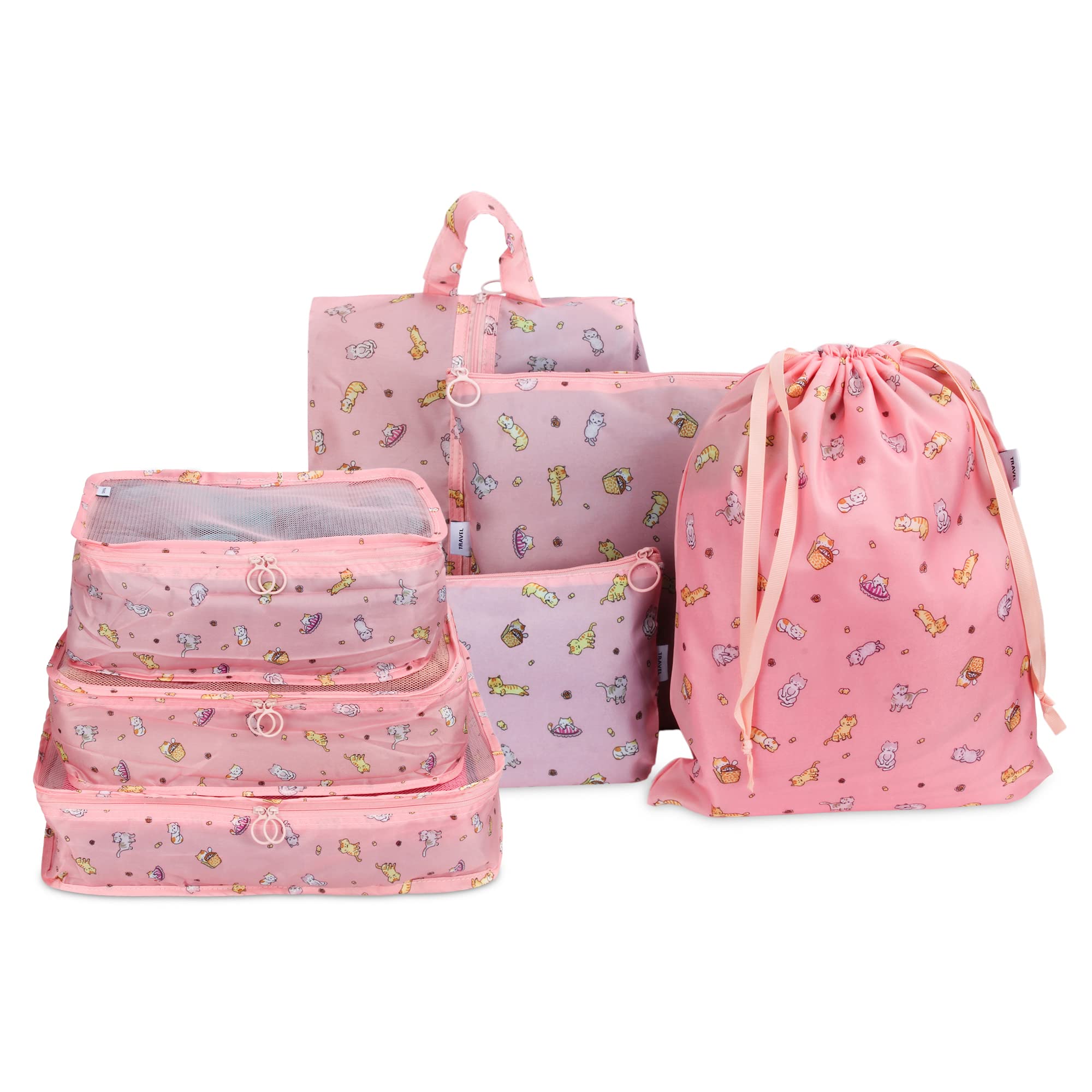 7-Piece Cube Storage Organizer Set - Foldable Travel Packing Bags for Clothes, Cosmetics, Underwear & Shoes - Space-Saving Luggage Organizer (Pink) | Perfect for Travel, Home Organization & Closet Storage