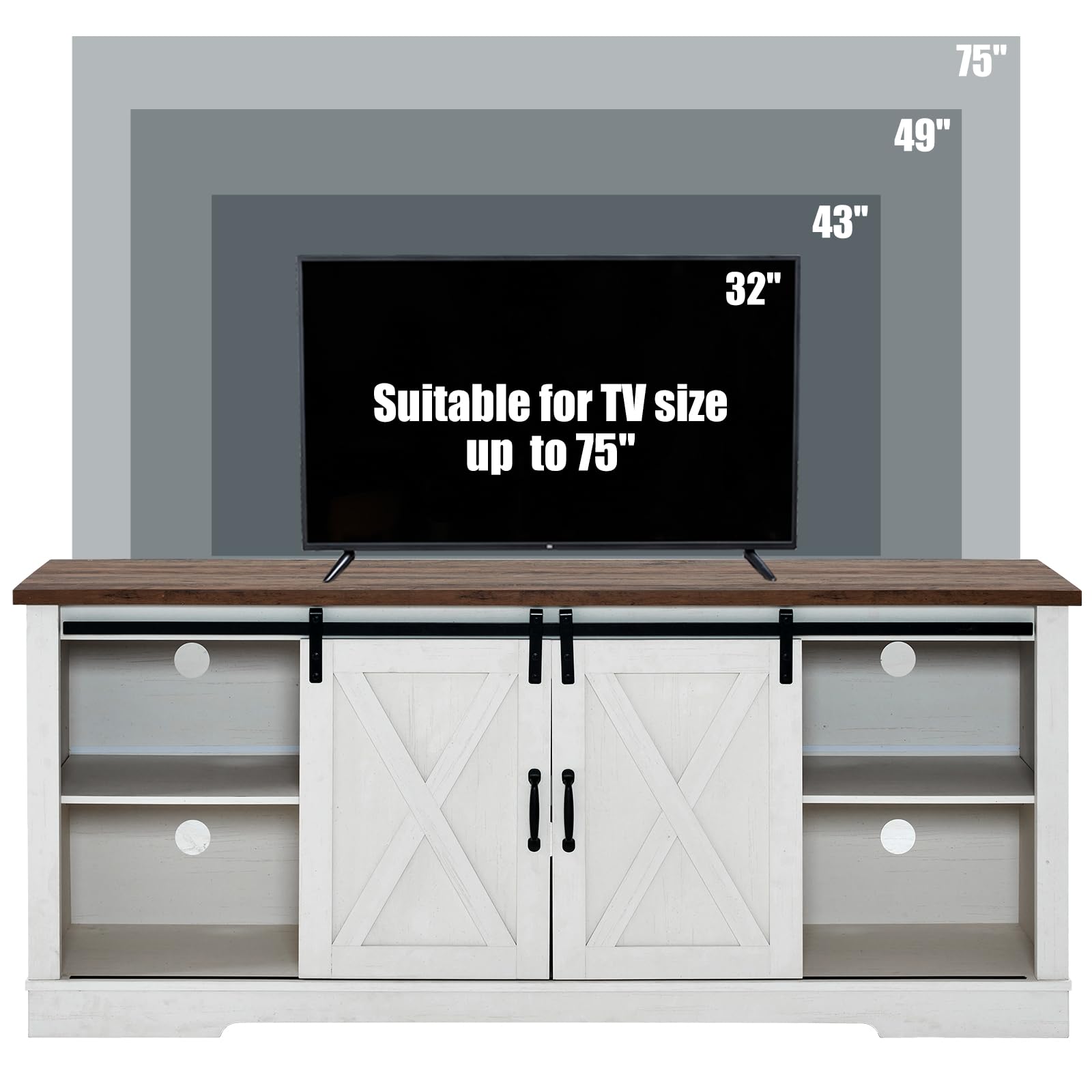 AMERLIFE 66 Inch Farmhouse TV Stand for 75 Inch TVs - Rustic Entertainment Center with Sliding Barn Doors, Adjustable Shelves & Leveling Feet - Distressed White Console Table with Storage - Perfect for Living Room, Home Theater & Rustic Decor
