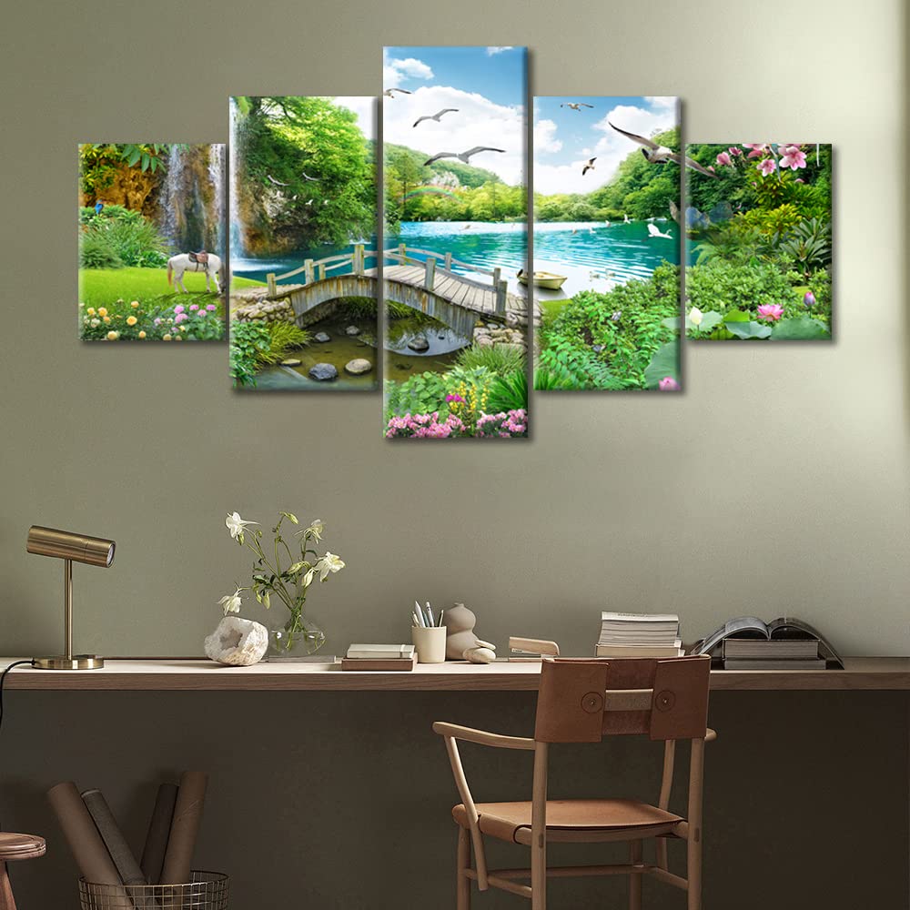 5-Piece Waterfall Lake Canvas Wall Art Set - White Horse, Wood Bridge & Birds Landscape Paintings for Bedroom, Bathroom & Office Decor - Framed Ready to Hang Posters & Prints (60