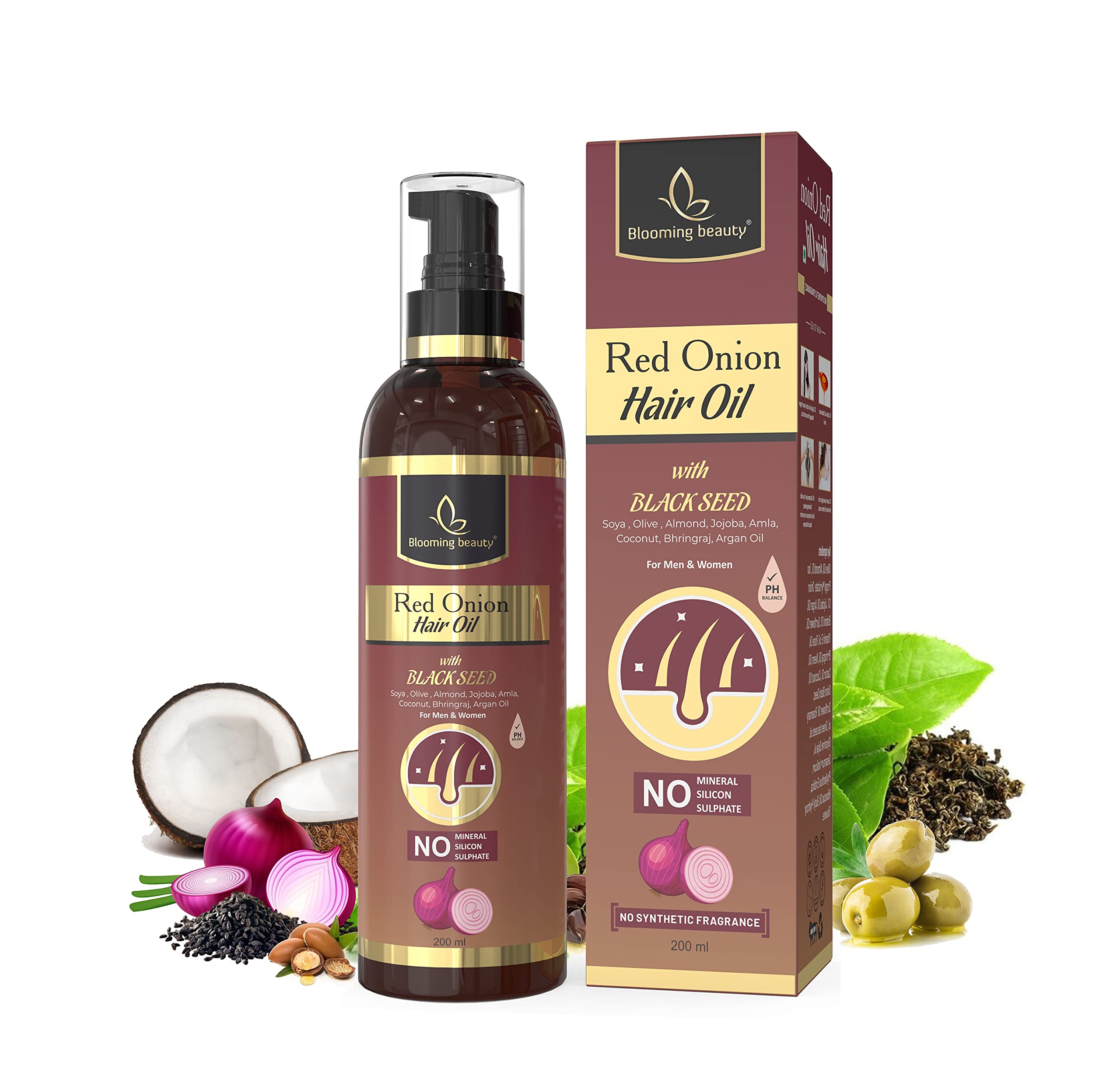 Blooming Beauty Red Onion Hair Growth Oil with Black Seed, Aloe Vera, Neem Leaf & Green Tea - 16 Natural Extracts for Thicker Hair & Hair Loss Prevention (200ml) - Perfect for Daily Scalp Massage & Damaged Hair Repair