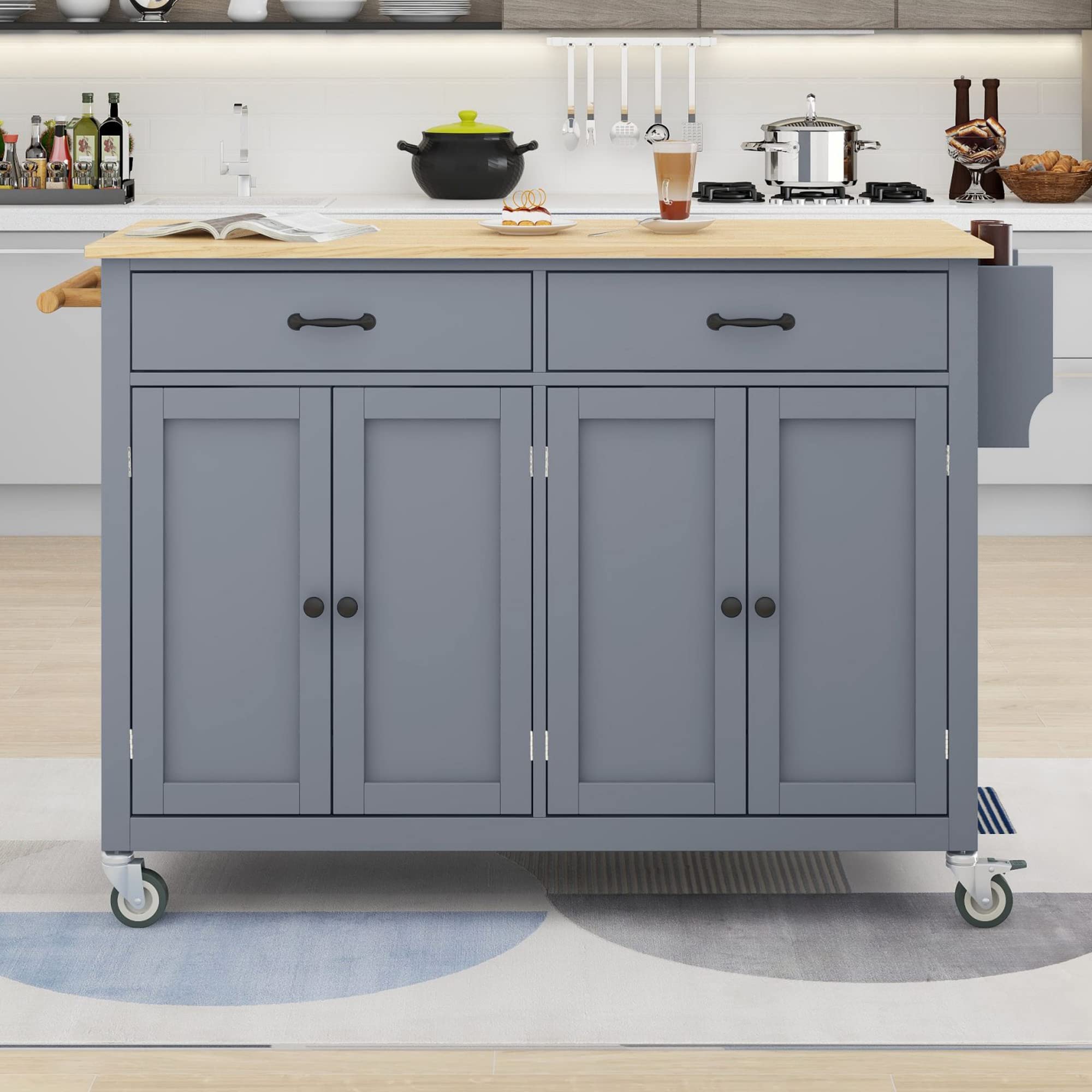 P PURLOVE Wood Kitchen Island Cart with Locking Wheels - Rolling Utility Cart with 2 Drawers, 4 Door Cabinet, Storage Shelf, Spice Rack & Towel Rack - Perfect for Small Kitchens, Pantry Organization & Mobile Cooking Station