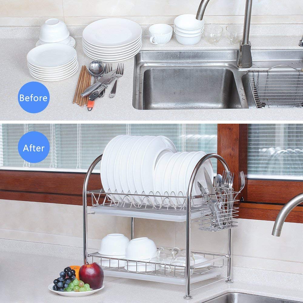 Melos 2-Tier Stainless Steel Dish Drying Rack with Drainboard - Large Kitchen Counter Organizer with Utensil Holder, Water Tray & Cup Holder (Silver) | Space-Saving Dish Drainer for Small Kitchens & Apartment Living