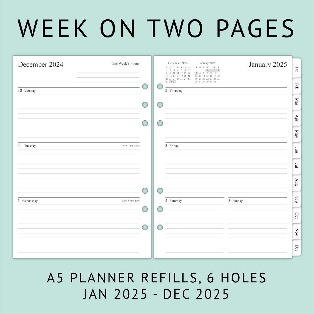 Newestor 2025 Weekly & Monthly Planner Refill for A5 Ring Binder - January 2025 to December 2025 Calendar - 5.75