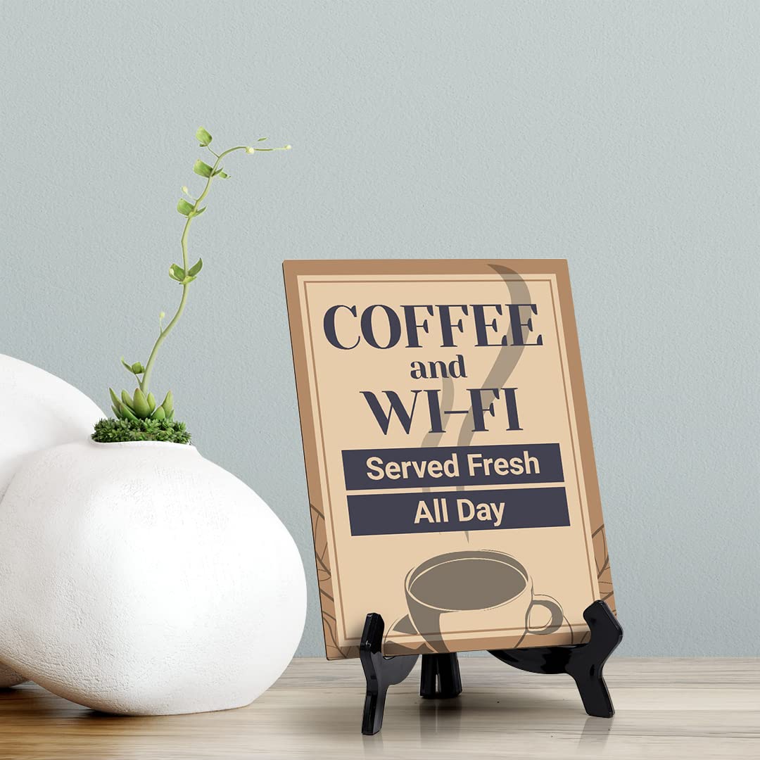 ByLITA Coffee and Wi-Fi Served Fresh All Day Table Sign - 8 x 6 Inches - Perfect for Cafes, Restaurants, and Office Break Rooms
