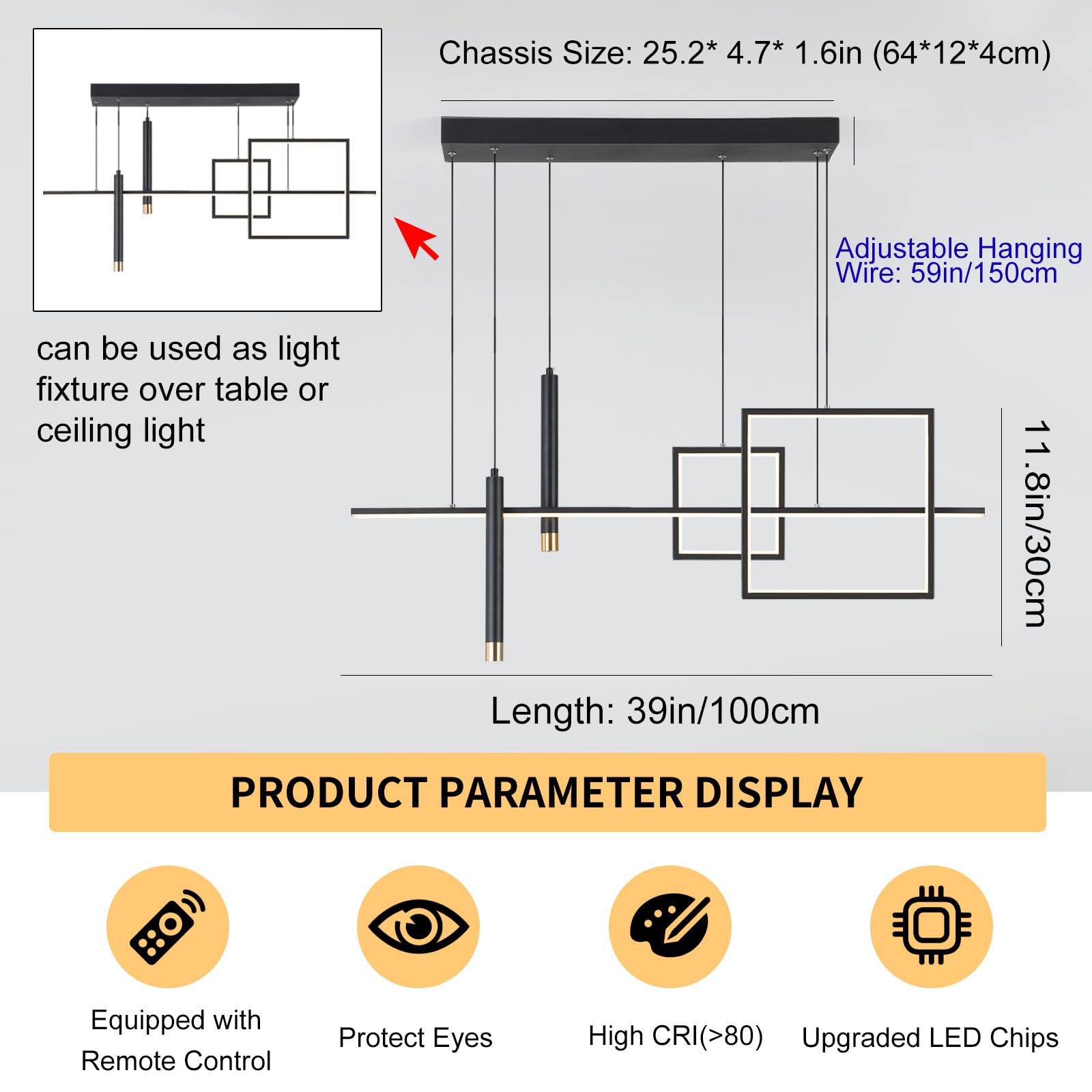 Modern LED Chandelier Lighting - Dimmable Linear Black Pendant Light with Square Design, 39 Inch Contemporary Hanging Fixture for Dining Room, Kitchen Island, Bar Table (3000lm/50W) - Perfect for Modern Home Decor, Restaurant Lighting, and Commercial Spaces