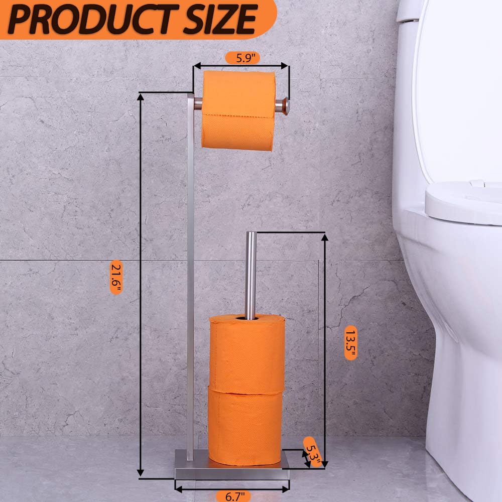 Premium GERZWY SUS 304 Stainless Steel Free Standing Toilet Paper Holder - Brushed Nickel Finish Bathroom Tissue Roll Stand for Modern Bathrooms, Powder Rooms & Guest Toilets - DZY022-LS