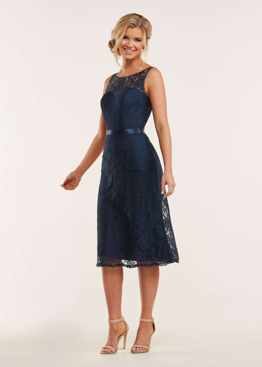 Elegant 80035 Tea Length Lace Bridesmaid Dress with Detachable Sash - Perfect for Weddings, Formal Events & Special Occasions