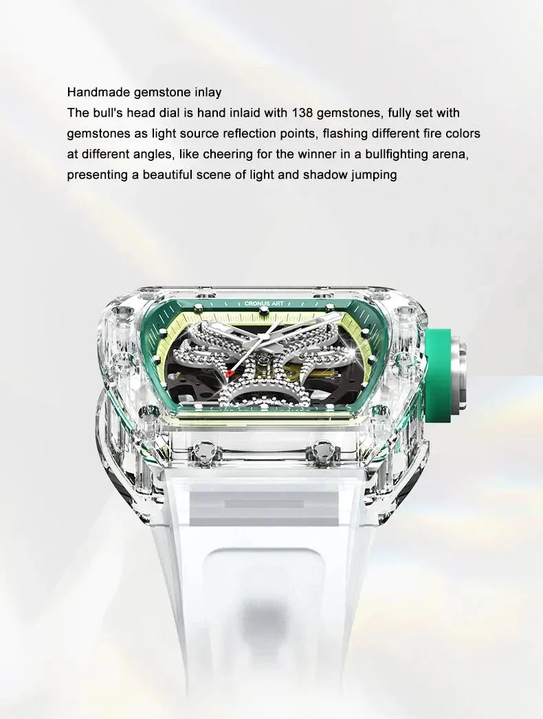 CRONUSART Men's Automatic Skeleton Watch - 50mm Tonneau Sapphire Crystal Case, Mechanical Movement, Luminous Hands, Liquid Silicone Strap, Bull Dial - Perfect for Business, Casual Wear & Gift Giving